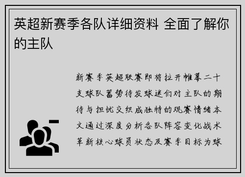 英超新赛季各队详细资料 全面了解你的主队