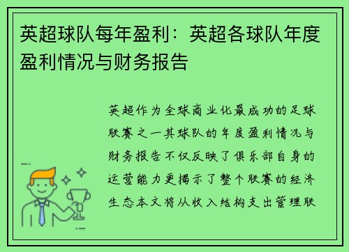 英超球队每年盈利：英超各球队年度盈利情况与财务报告
